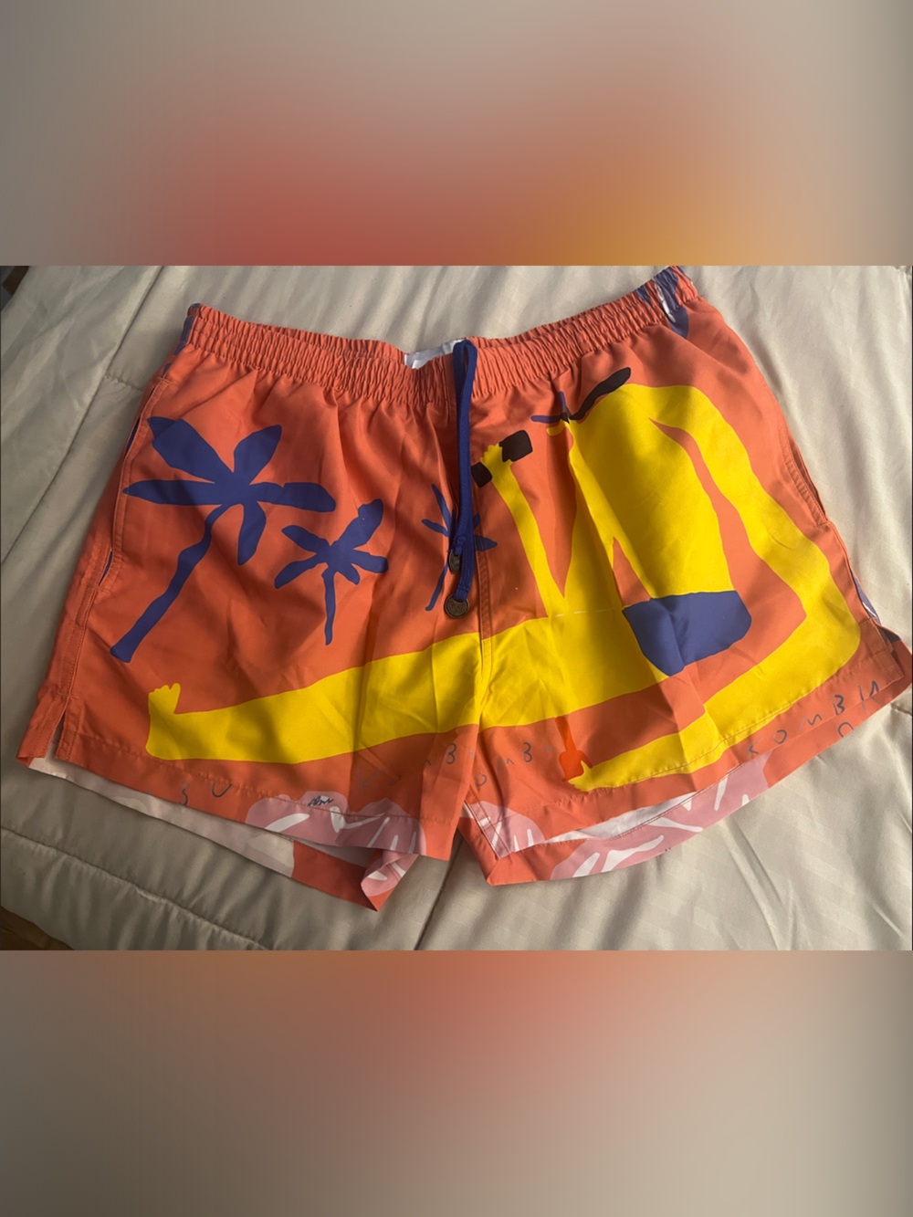 Men's Orange Palm-Print Swim Trunks with Yellow Surf Graphic